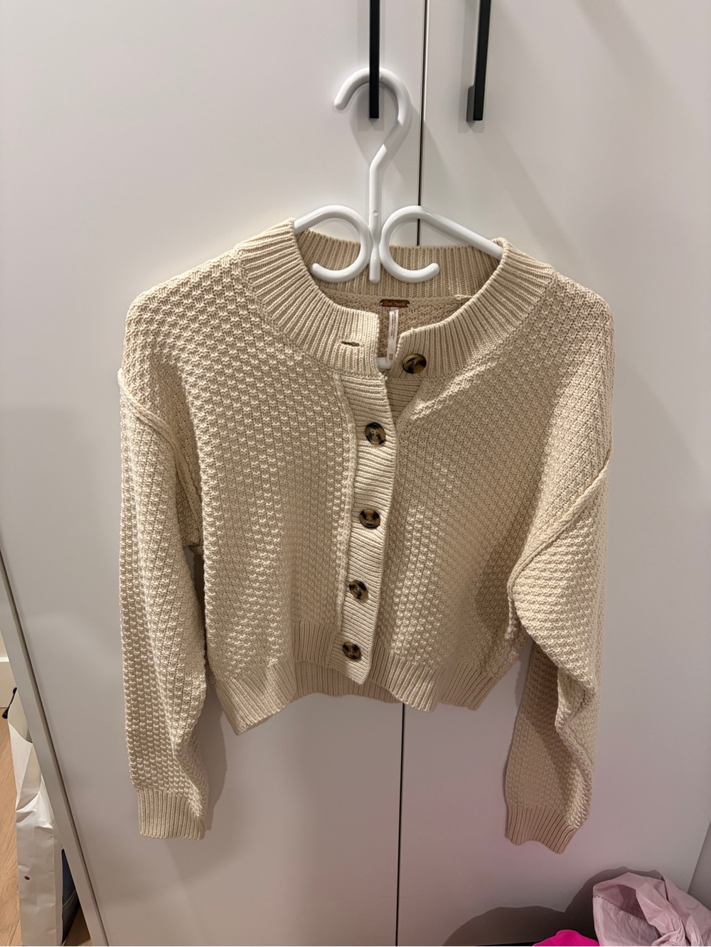 Free People Cream Textured Button Cardigan